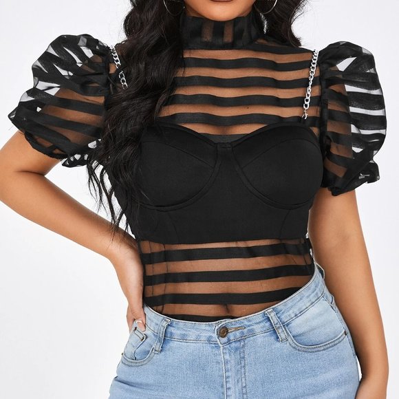 SHEIN | Puff Sleeve Mesh Top (NWT) - Picture 1 of 6